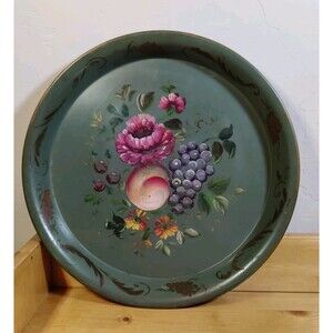 Vtg Blue green round Toleware Tray pink Hand Painted Roses Flowers Fruit 13.5"